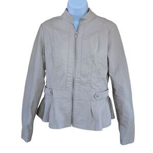 Baccini Womens Beige Peplum Jacket Zip Up Casual Chic faux leather cottagecore